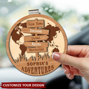 Personalized Travel Adventures 2 Layer Wood Car Visor Clip, Gift For Travel Lovers
