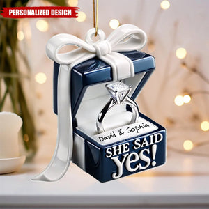 Personalized Blue Engagement Ring Box Acrylic Ornament, Anniversary Gift for Couple