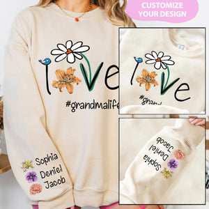 Love Grandma Life Mom Life Birth Month Flowers-Personalized Sleeve Printed Sweatshirt