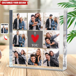 Personalized Heart I Love You 8 Photos Collage Square Acrylic Plaque Desk Decor, Gift for Couple