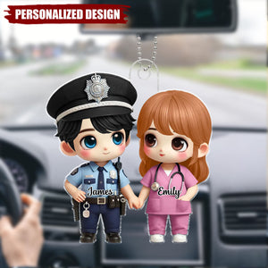 3D Effect Cute Cartoon Couple Gift by Occupation - Personalized Acrylic Car Hanger