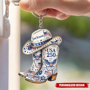 Custom Name USA 250 Anniversary Patriotic Cowboy Boots Keychain