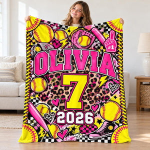 Personalized Softball Girl Blanket, Custom Name & Player Number Gift