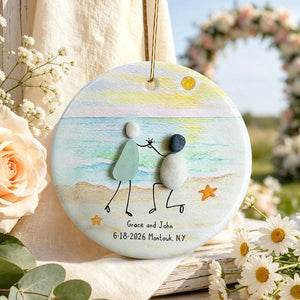 Personalized Sea Glass Pebble Engagement Ornament, Newlyweds Gift
