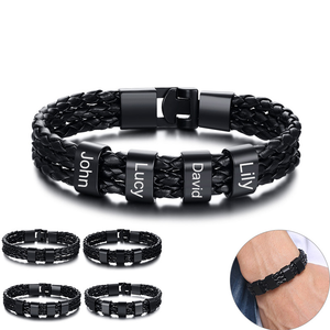 Personalized Braided Leather Bracelet Engraved Names Men's Bracelet Gifts For Him