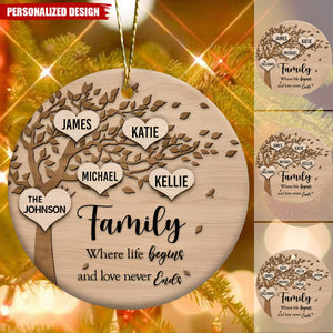 Family Where Life Begins and Never Ends Personalized Ceramic Christmas Ornament