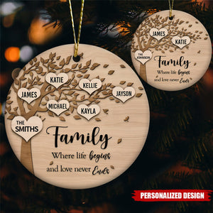Family Where Life Begins and Never Ends Personalized Ceramic Christmas Ornament
