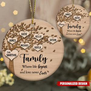 Family Where Life Begins and Never Ends Personalized Ceramic Christmas Ornament