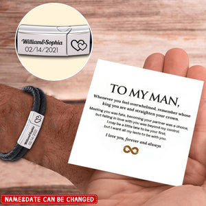 To My Man,Personalized Leather Stainless Steel Men's Engraved Bracelet