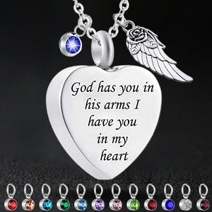 Memorial Urn Necklace with Birthstone-"God has You in his arms with Angel Wing"