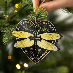 Gold Dragonfly Hold You In Heaven - Memorial Gift - Personalized Custom Heart Acrylic Ornament