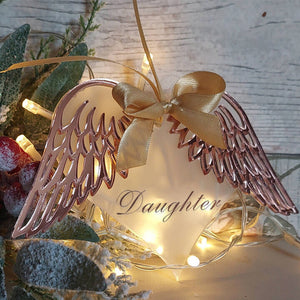 Frosted Angel Wings Heart Bauble Decoration