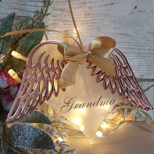 Frosted Angel Wings Heart Bauble Decoration