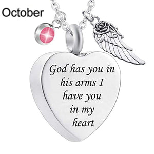 Memorial Urn Necklace with Birthstone-"God has You in his arms with Angel Wing"