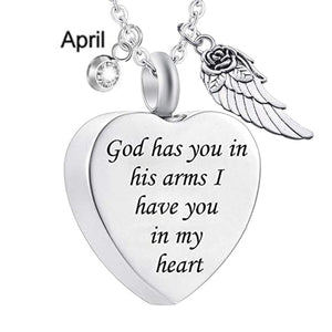 Memorial Urn Necklace with Birthstone-"God has You in his arms with Angel Wing"