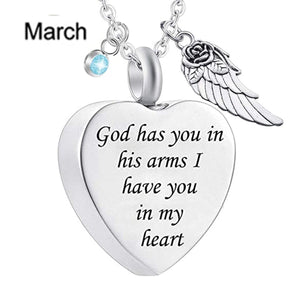 Memorial Urn Necklace with Birthstone-"God has You in his arms with Angel Wing"