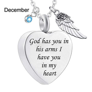 Memorial Urn Necklace with Birthstone-"God has You in his arms with Angel Wing"