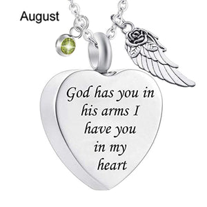 Memorial Urn Necklace with Birthstone-"God has You in his arms with Angel Wing"