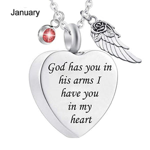 Memorial Urn Necklace with Birthstone-"God has You in his arms with Angel Wing"