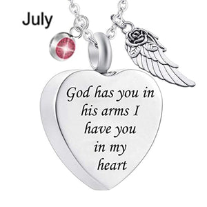 Memorial Urn Necklace with Birthstone-"God has You in his arms with Angel Wing"