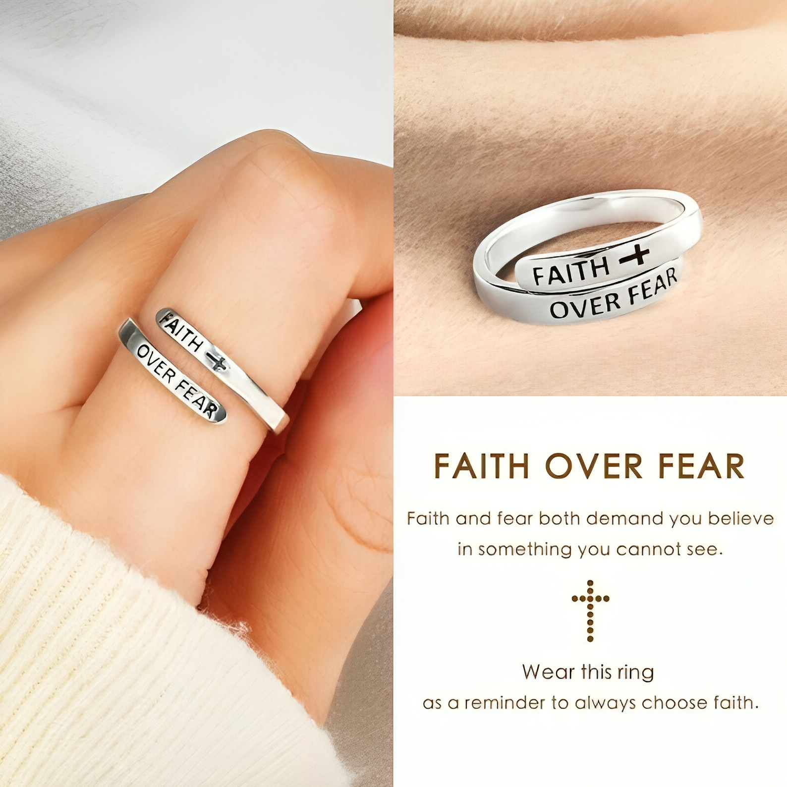 Faith Over Fear Cross Ring, Sterling Silver Adjustable Ring