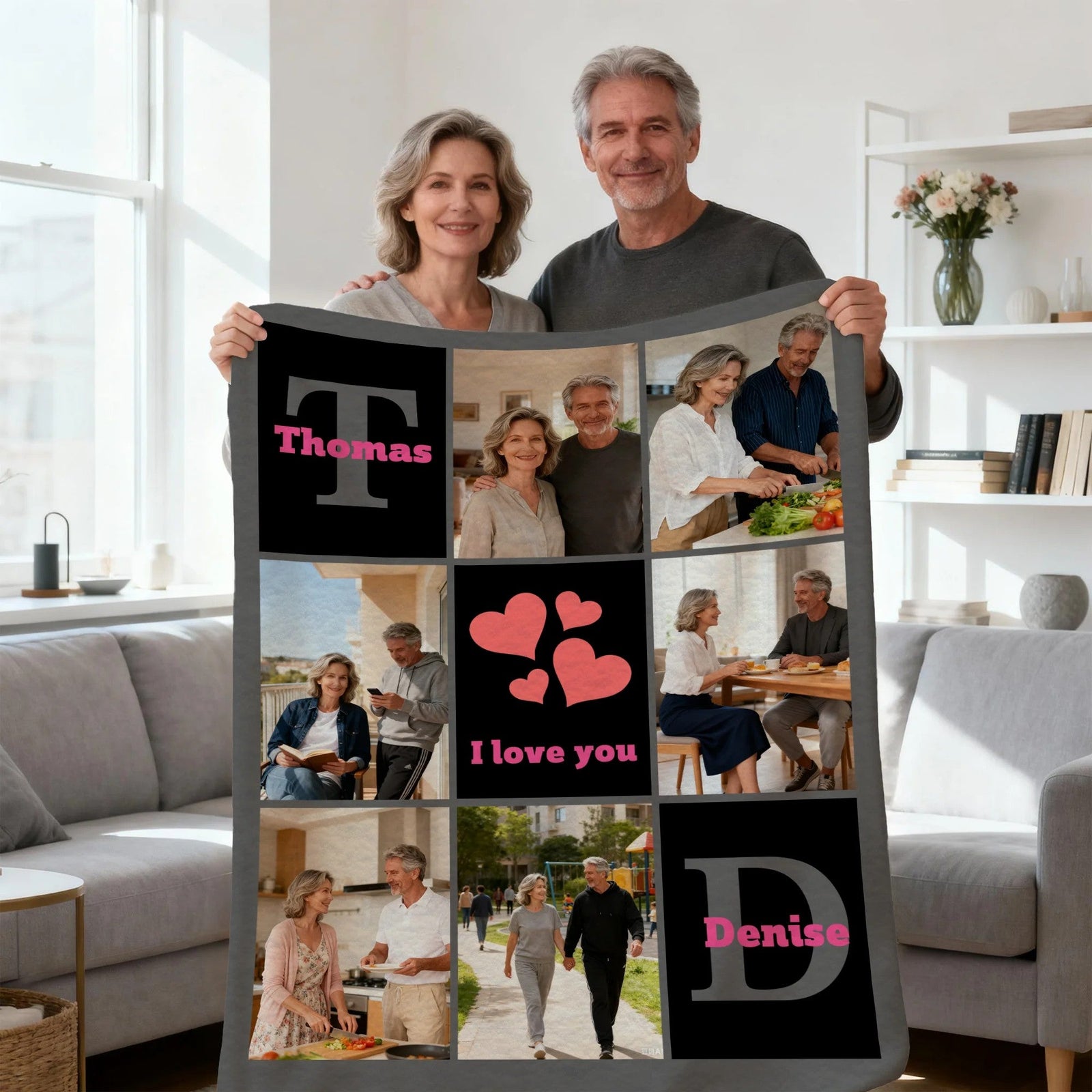 Personalized Heart 6 Photos Soft Throw Blanket with Name and Text Home Decor