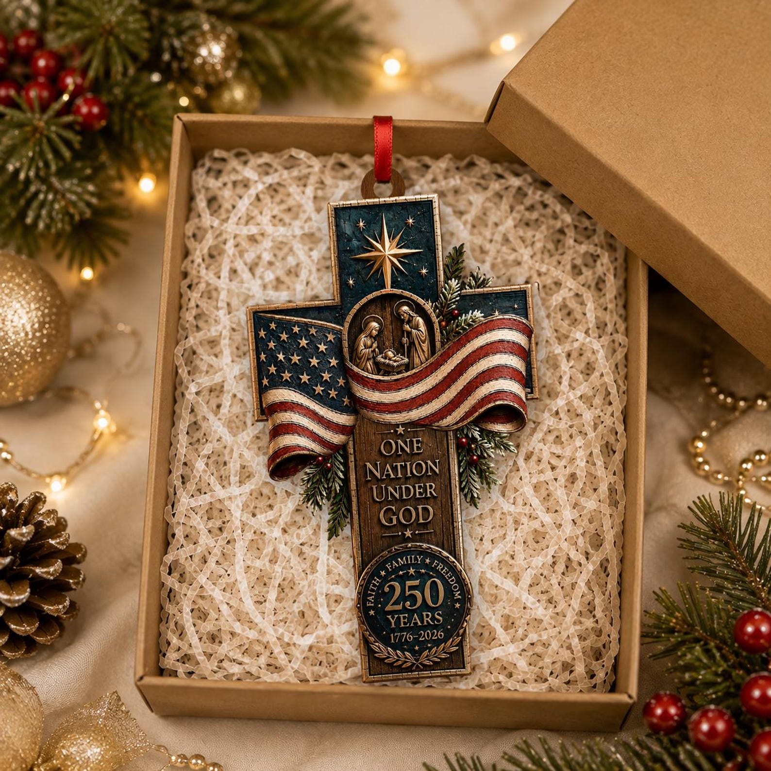 America Wood Ornament, Faith Family Freedom, Patriotic Cross Christmas Decor