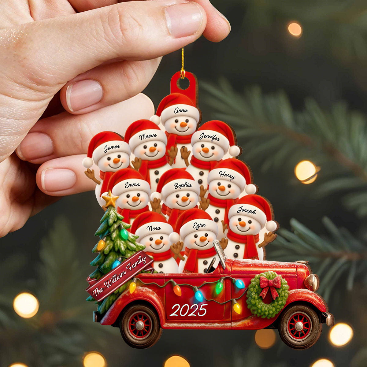 Holly Jolly Snowman Family - Personalized Christmas Wood Ornament