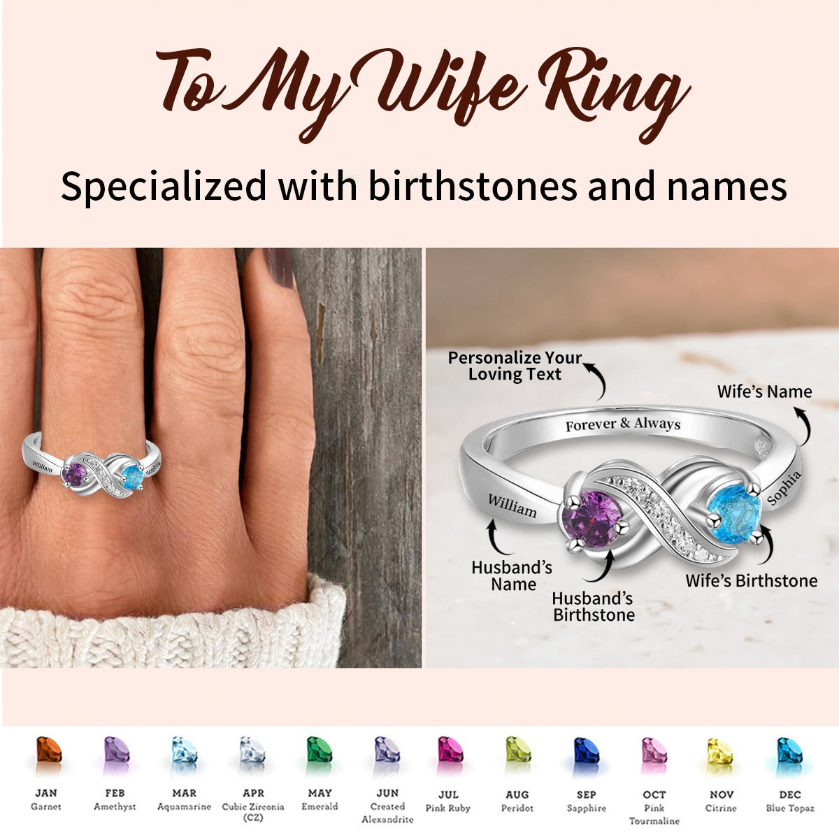 To My Wife - Personalized Promise Birthstones Ring