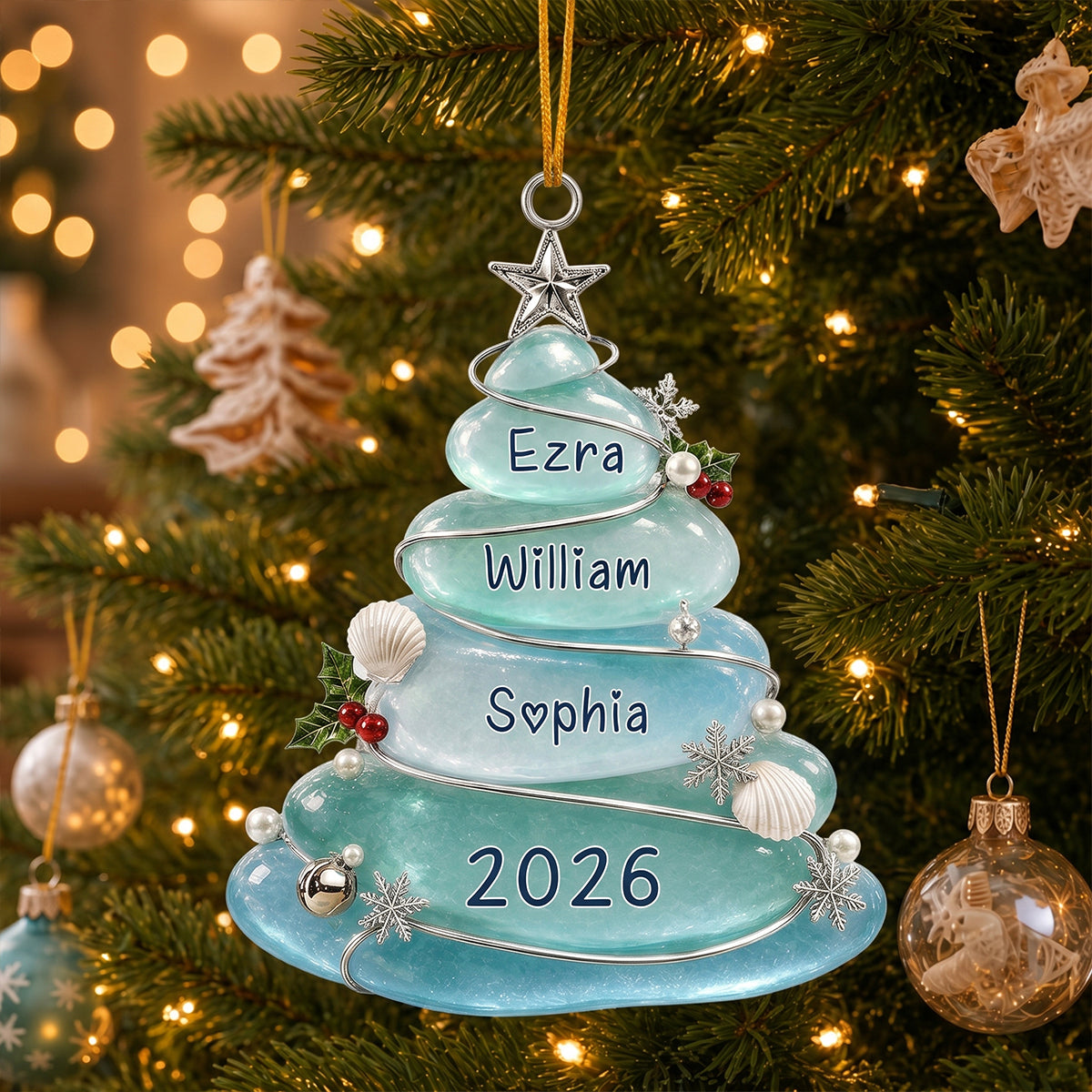 Custom Sea Glass Tree Ornament, Personalized Coastal Keepsake, Family Christmas Gift