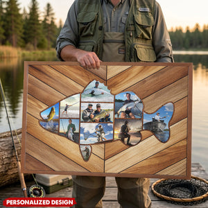 Custom Fishing Photo Collage Canvas, Fish Shape Personalized Wall Art