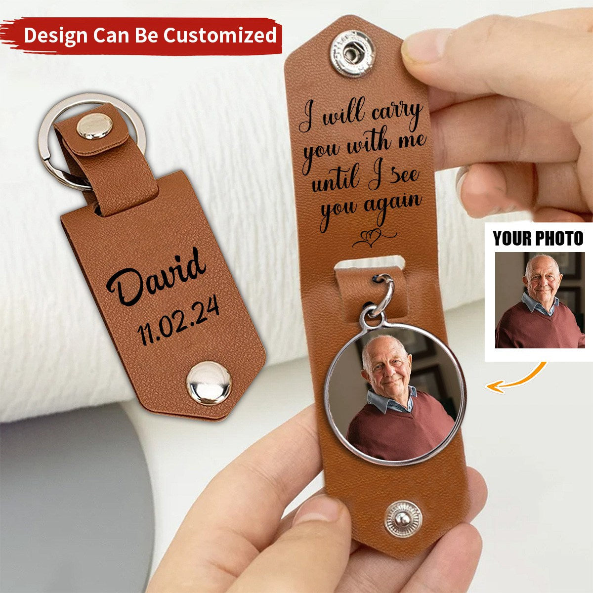 Personalized Leather Photo Keychain - Memorial Photo Gifts for Family Members
