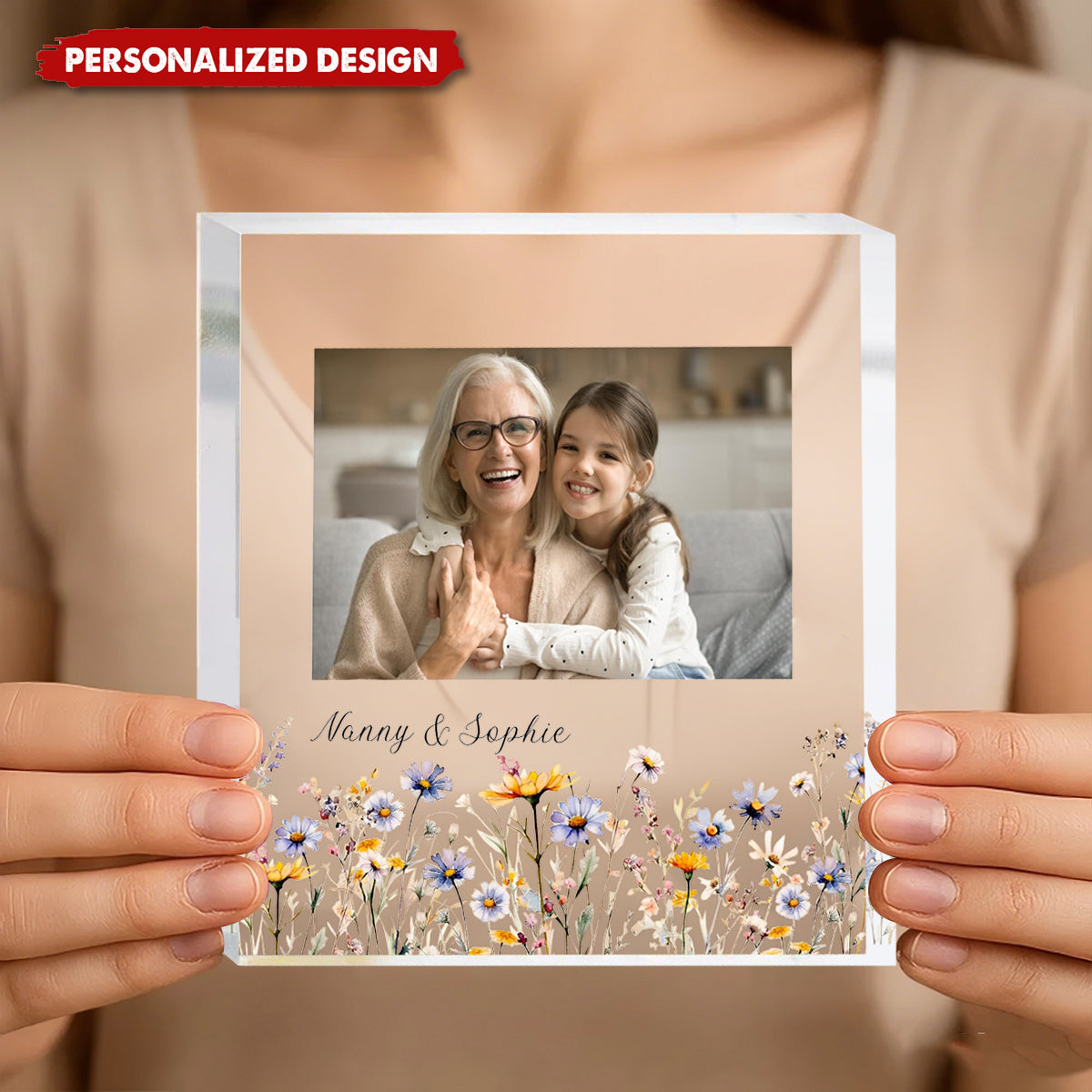 Personalised Acrylic Photo Plaque Floral Frame, Gift for Nanny Family