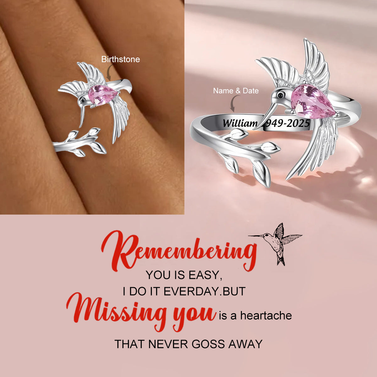 Personalized Hummingbird Memorial Engraved Birthstone Name Ring