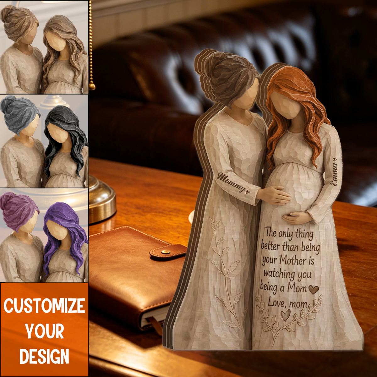 Personalized Pregnant Mom Figurine, Mother Daughter Sculpture