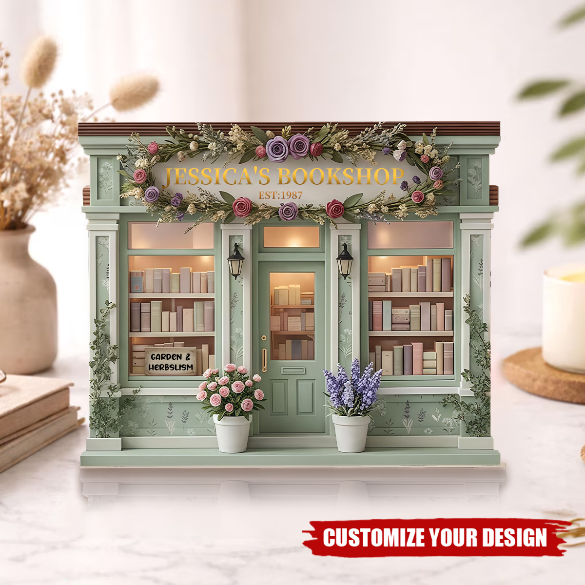 Personalized Bookshop Wooden Block, Gift for Book Lover