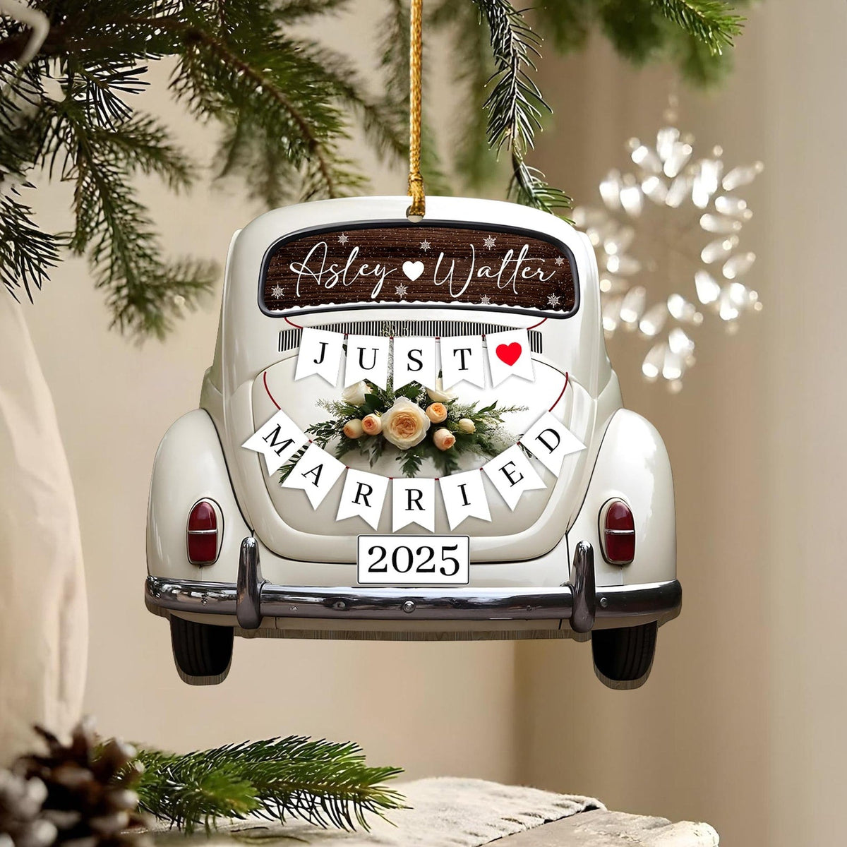 Personalized Just Married Car Ornament, Newlywed Gift for Couple