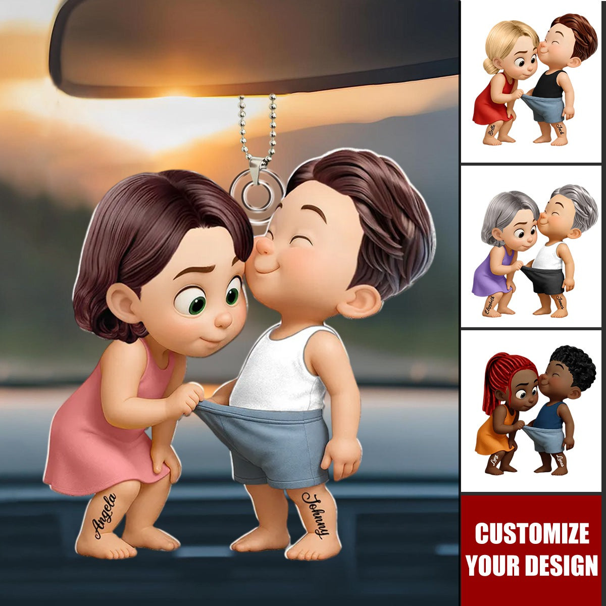 Funny Cartoon Couple Personalized Acrylic Car Hanger Ornament, Anniversary Gift