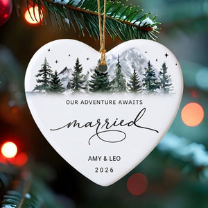 Personalized Our Adventure Awaits Mountain Engaged Ceramic Ornament