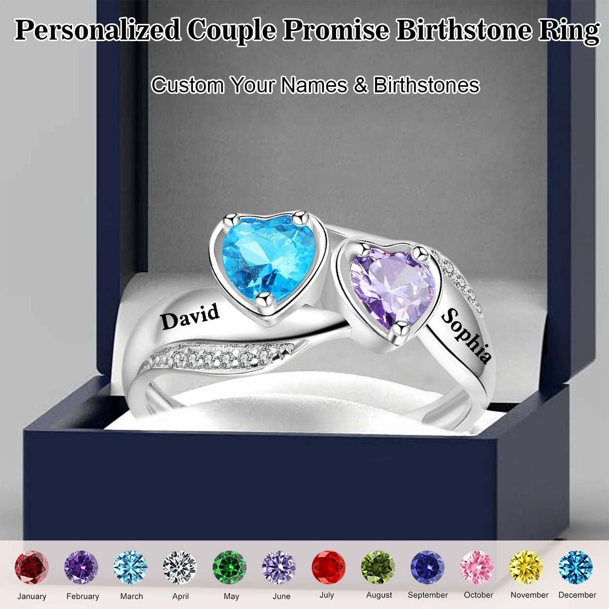 Personalized Ring with 2 Birthstones - Promise Ring For Her - HAPPARY