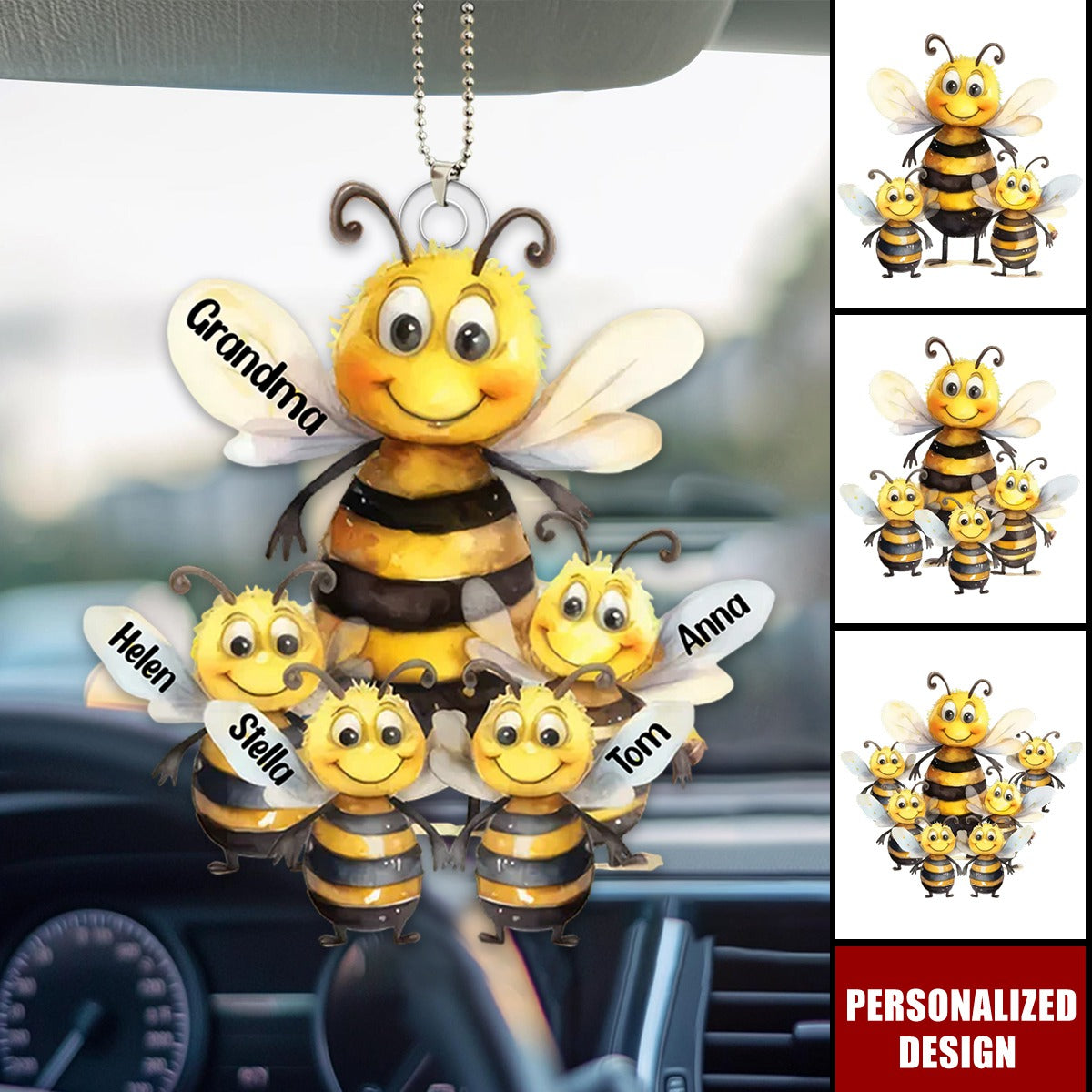 Mama Bee With Kids - Personalized Acrylic Car Ornament, Gift For Mom, Grandma