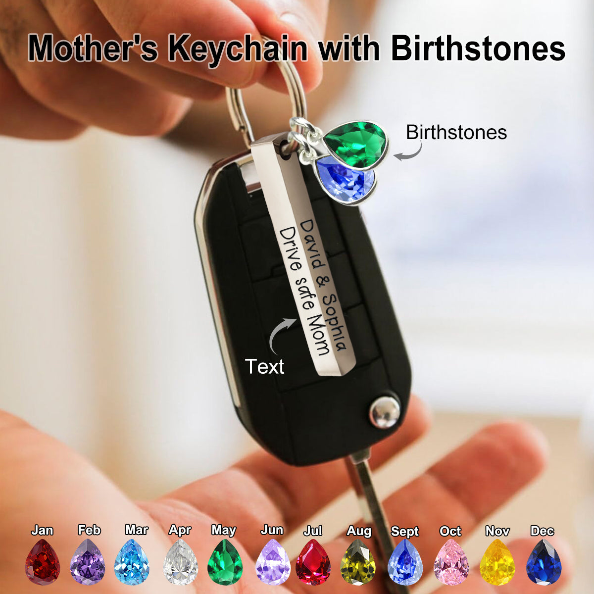 Personalized Custom Text Mother's Day Gift Keychain With Birthstone Charms