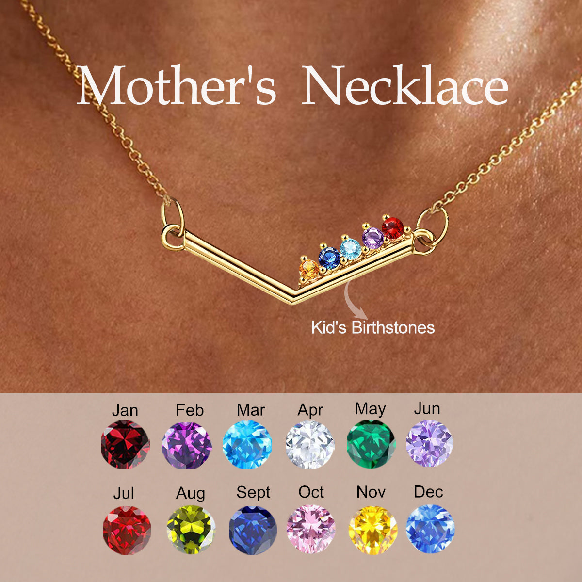 Personalized Birthstone V-shaped Necklace, Gift For Mother