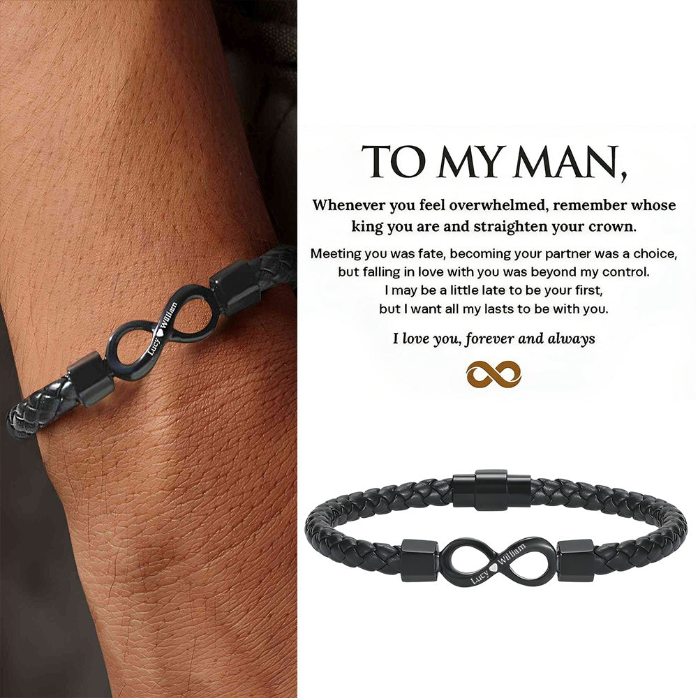 To My Man, Personalized Dual Name Infinity Leather Bracelet