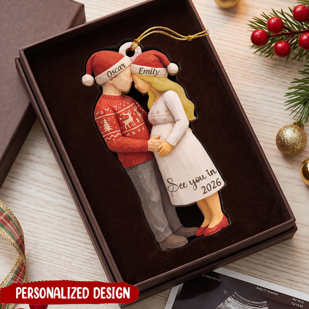 Personalized Xmas Ornament for Expecting Parents, Baby Arriving Ornament