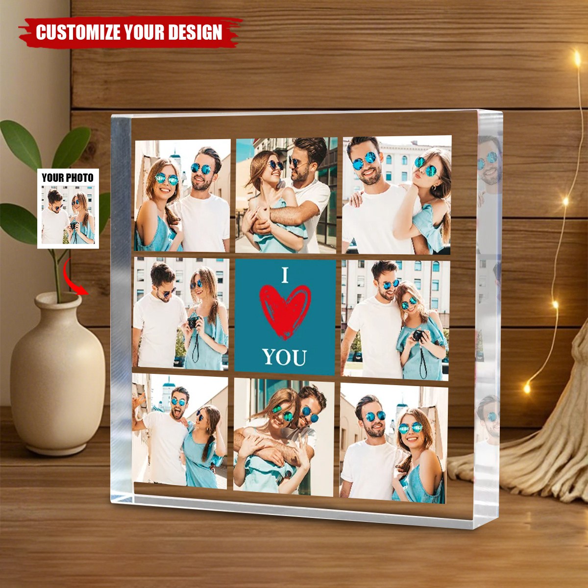 Personalized Heart I Love You 8 Photos Collage Square Acrylic Plaque Desk Decor, Gift for Couple
