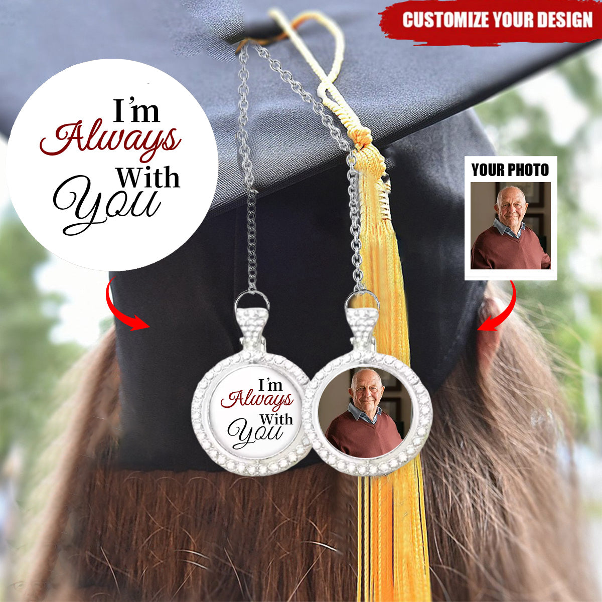 One or Two-Sided Rotating Rhinestone Graduation Memorial Photo Charm Tassel