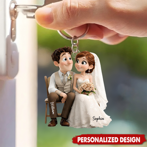 Personalized Cute Cartoon Wedding Couple Acrylic Keychain