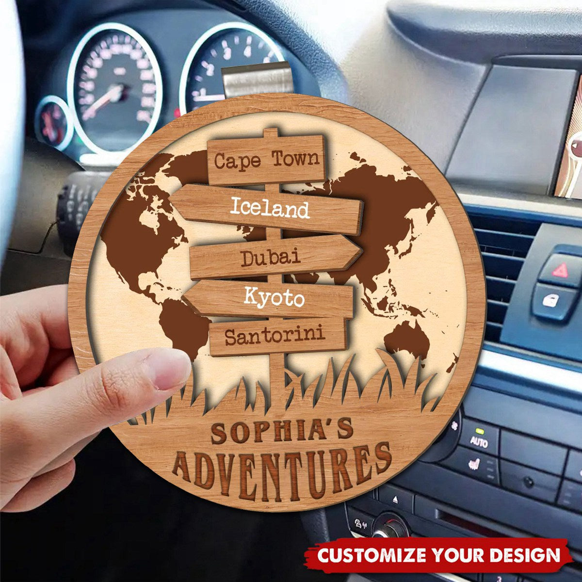 Personalized Travel Adventures 2 Layer Wood Car Visor Clip, Gift For Travel Lovers