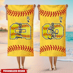 Softball Team Custom Name And Number - Personalized Beach Towel, Summer Gift for Softball Lover